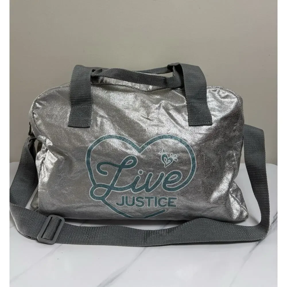 Justice Silver Metallic Duffel Bag Live Justice Heart Logo Tween Gym Dance
